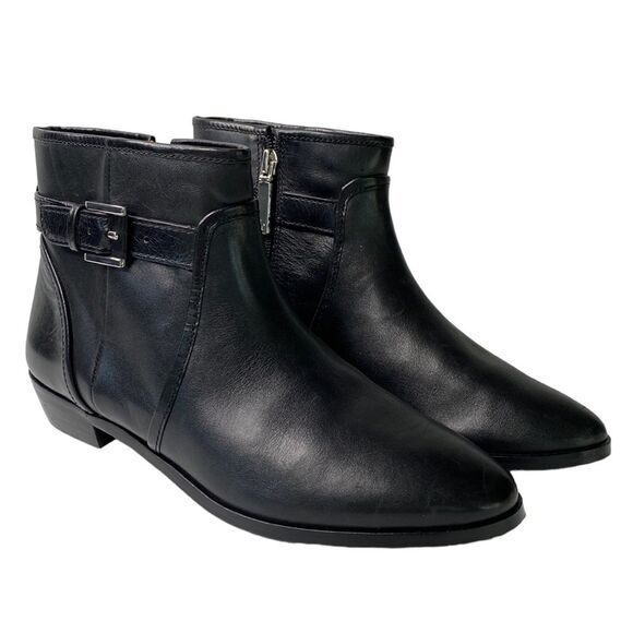 Louise et Cie Black Leather Zora Ankle Booties Low Stack Heel Almond Toe Buckle - Picture 3 of 16